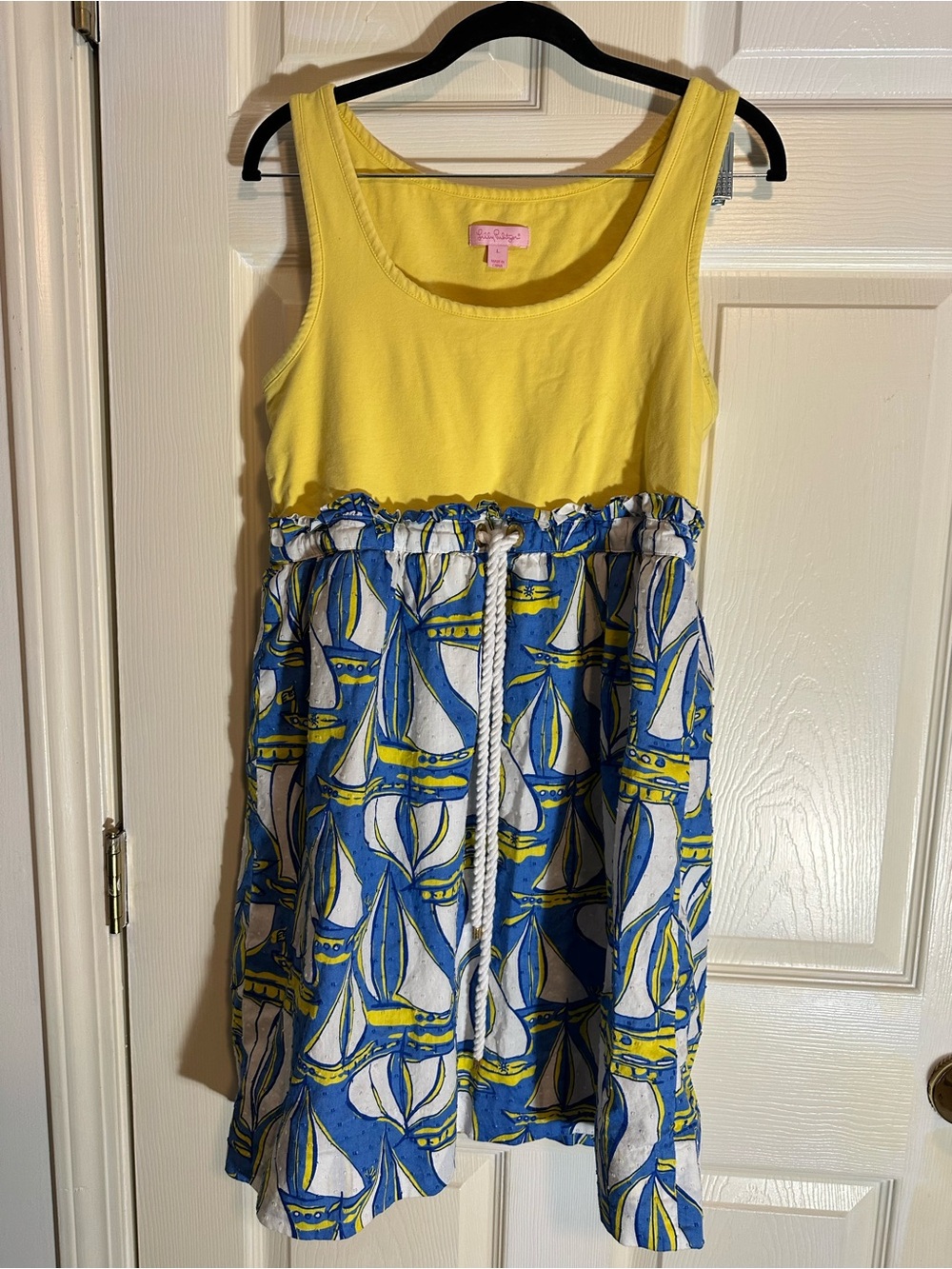Lilly Pulitzer Yellow Tank Dress with Blue & White Sailboat Skirt